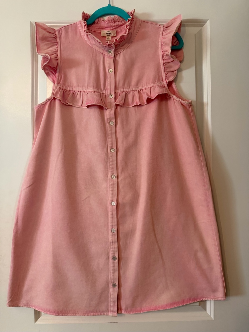 entro NWT Pink Ruffle Button-Front Mini Denim Dress lg